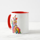 Een clown op haar bokpaard in de lucht. mok (Voorkant links)