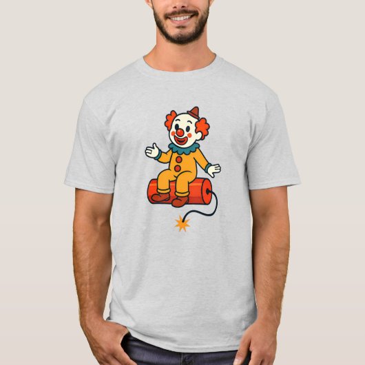 Een clownrol die op een fictieve dynamiet zit. t-shirt (Voorkant)