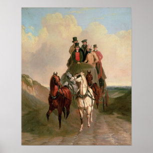 Een coach en vier op een open weg poster