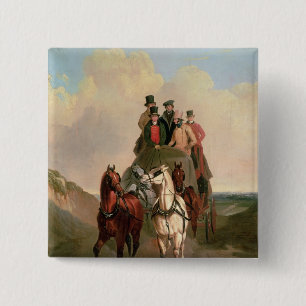 Een coach en vier op een open weg vierkante button 5,1 cm