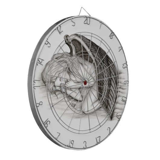 Een conengel met slaap, zwart en wit design dartbord (Voorkant Links)