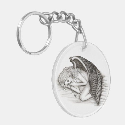 Een conengel met slaap, zwart en wit design sleutelhanger (Voorkant Links)