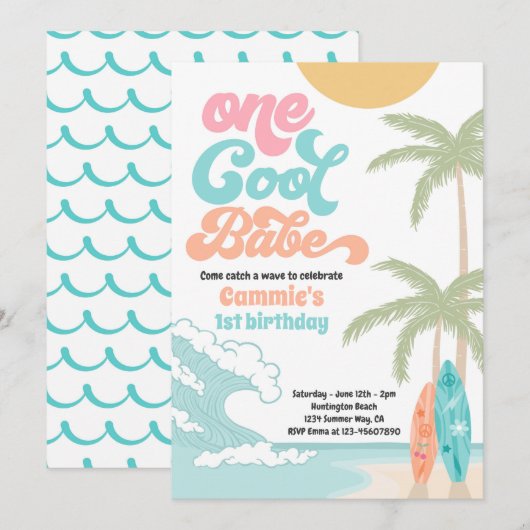 Een Cool Babe Retro Surf 1e Verjaardagsfeest Kaart (Voorkant / Achterkant)