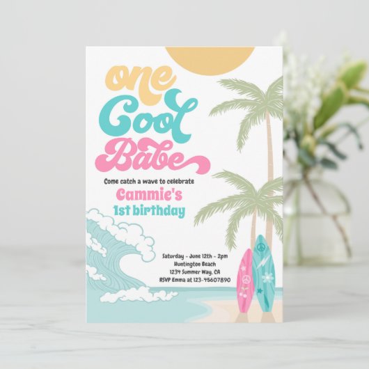 Een Cool Babe Retro Surf 1e Verjaardagsfeest Kaart (Staand voorkant)
