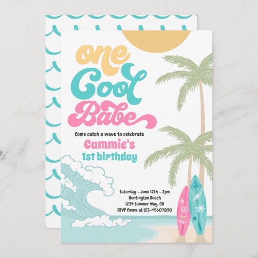 Een Cool Babe Retro Surf 1e Verjaardagsfeest Kaart (Voorkant / Achterkant)