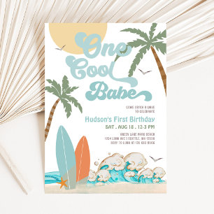 ÉÉN Cool Babe Surfende Jongen 1e Verjaardag Strand Kaart