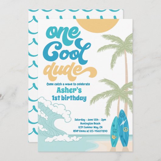 Een Cool Dude Retro Surf 1e Verjaardagsfeest Kaart (Voorkant / Achterkant)