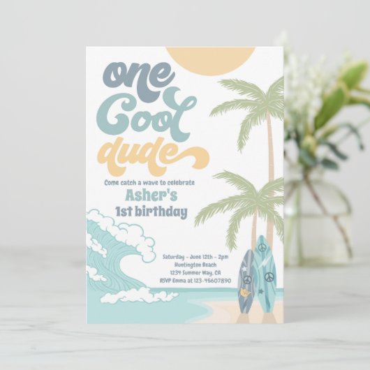 Een Cool Dude Retro Surf 1e Verjaardagsfeest Kaart (Staand voorkant)