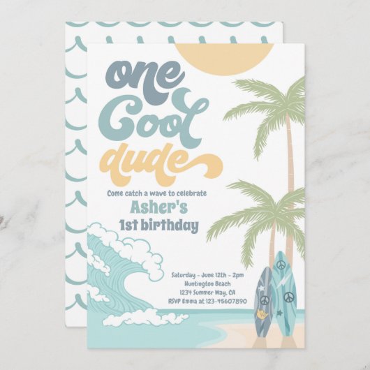Een Cool Dude Retro Surf 1e Verjaardagsfeest Kaart (Voorkant / Achterkant)
