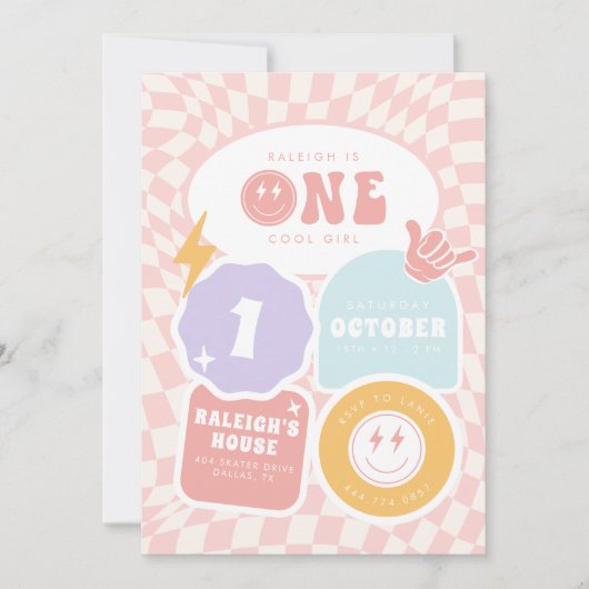 Een cool meisje | 1e verjaardag van de Retro Skate Kaart (Voorkant)