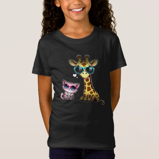 Een coole giraffe en kat met een zonnebril t-shirt (Voorkant)
