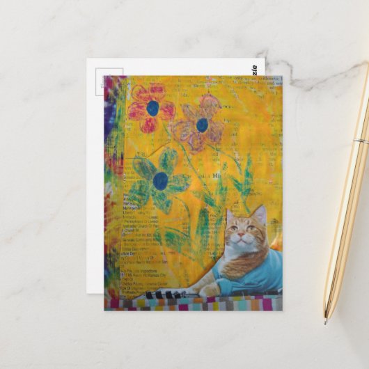 Een Coole Kat Mixed Media Collage Briefkaart (Voorkant / Achterkant in situ)