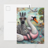 Een coole Zebra op vakantie in een drijvende zwaan Briefkaart (Voorkant / Achterkant)
