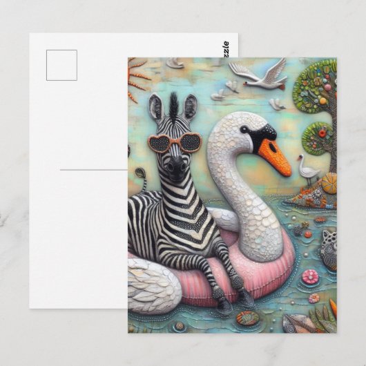 Een coole Zebra op vakantie in een drijvende zwaan Briefkaart (Voorkant / Achterkant)