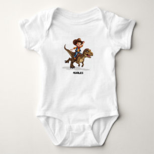 Een cowboy die een T-rex dinosaurus baby body rijd Romper