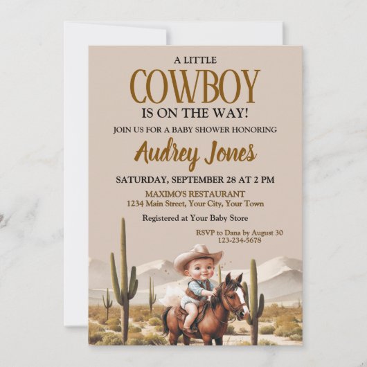 Een cowboy is onderweg naar het Baby shower Kaart (Voorkant)