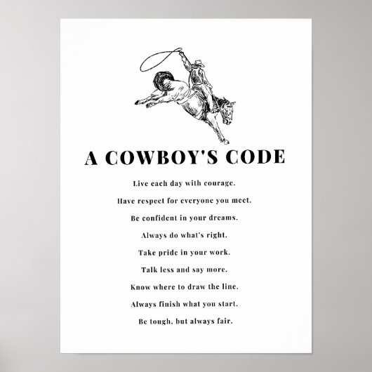 Een Cowboy's Code Print, Zwart en Wit, Wilde Weste Poster (Voorkant)