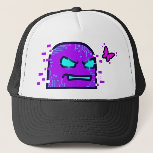 Een creatief digitaal kunstwerk in een cyberpunk s trucker pet (Voorkant)