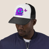 Een creatief digitaal kunstwerk in een cyberpunk s trucker pet (In situ)