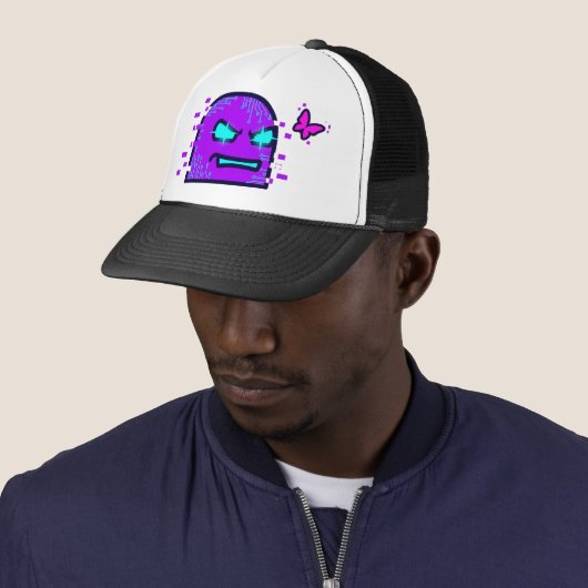 Een creatief digitaal kunstwerk in een cyberpunk s trucker pet (In situ)