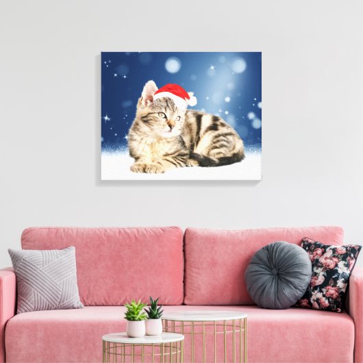 Een Cute Cat met een rode kerstkerstkleed Canvas Afdruk (Insitu (Woonkamer))