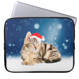 Een Cute Cat met een rode kerstkerstkleed Laptop Sleeve