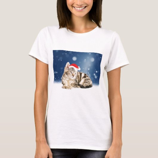 Een Cute Cat met een rode kerstkerstkleed T-shirt (Voorkant)