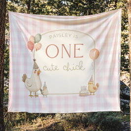 Eén Cute Chick Verjaardagsbanner Achtergrond Wandkleed