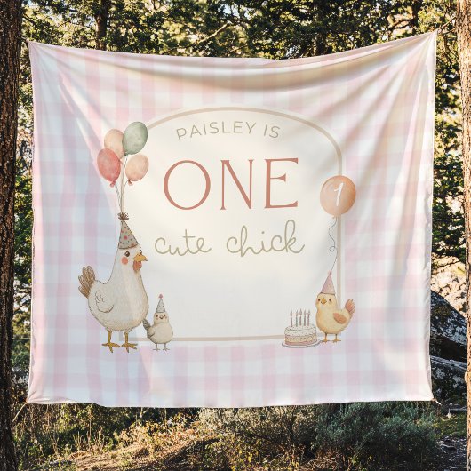 Eén Cute Chick Verjaardagsbanner Achtergrond  Wandkleed
