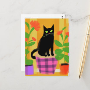 Een Cute Zwarte Kat Met Planten Briefkaart