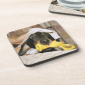 Een dachshund die wordt gebaad. onderzetter (Linkerzijde)