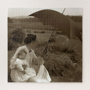 Een dag in de zon vintage foto kind en kindermeisj legpuzzel