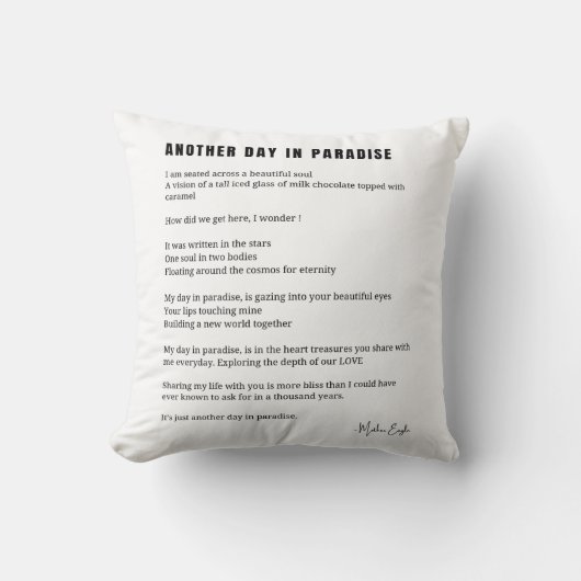 Een dag in het paradijs gedicht zwart wit kussen (Voorkant)