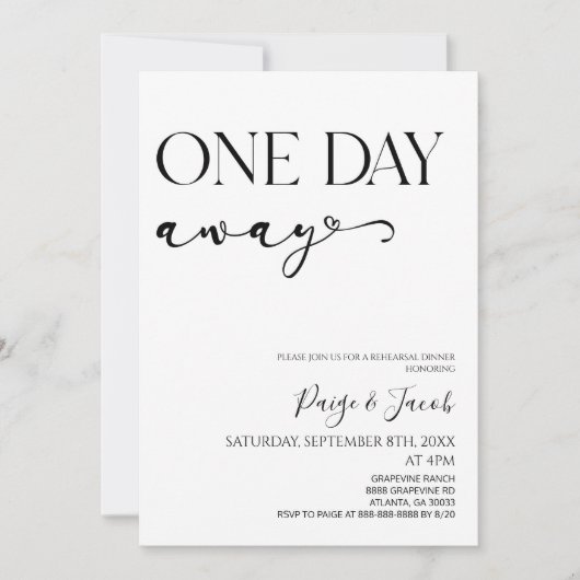 Een dag weg minimalistische bruiloft repetitie din kaart (Voorkant)