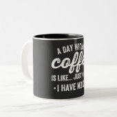 een dag zonder koffie is gewoon een grapje . tweekleurige koffiemok (Voorkant links)
