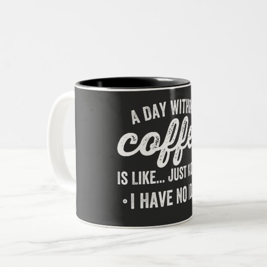 een dag zonder koffie is gewoon een grapje . tweekleurige koffiemok (Voorkant links)