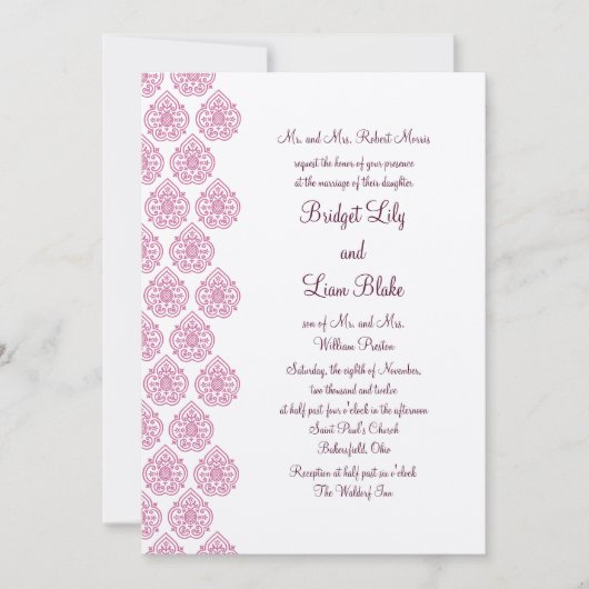 Een  Damask Wedding Invitation roze/off-white Kaart (Voorkant)