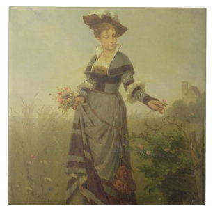 Een Dame die bloemen plukt in een landschap (panee Tegeltje