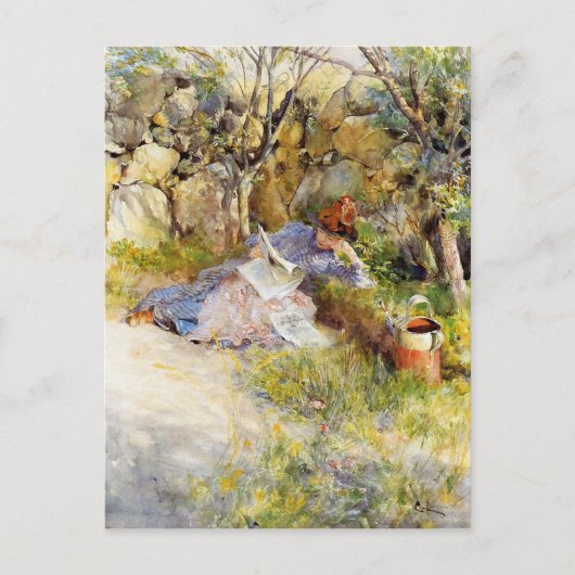 Een dame die een krant leest briefkaart (Voorkant)