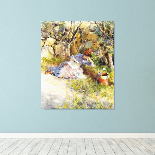 Een dame die een krant leest canvas afdruk (Insitu (Houten vloer))