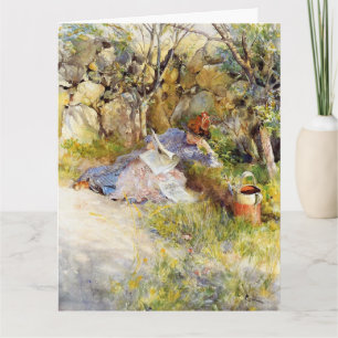 Een dame die een krant leest kaart