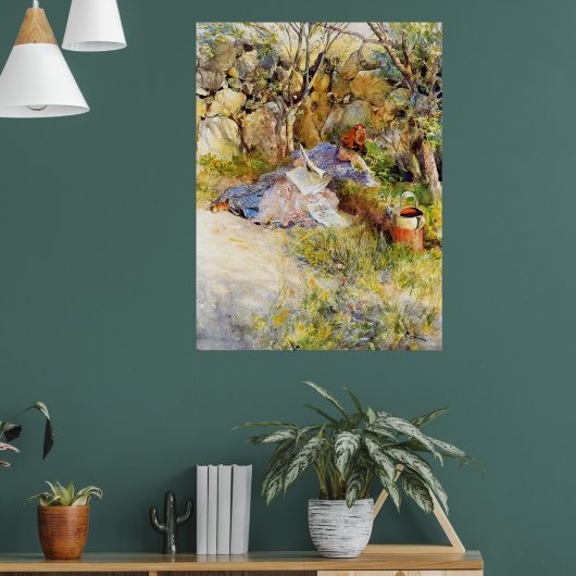 Een dame die een krant leest van Carl Larsson Poster (Woonkamer 1)