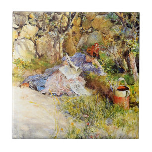 Een dame die een krant leest van Carl Larsson Tegeltje
