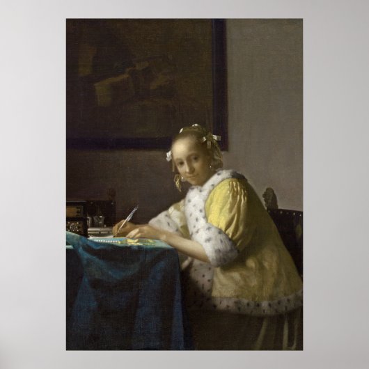 Een dame die schrijft, c. 1665 (olie op doek) poster (Voorkant)