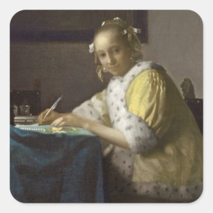 Een dame die schrijft, c. 1665 (olie op doek) vierkante sticker