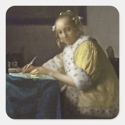 Een dame die schrijft, c. 1665 (olie op doek) vierkante sticker (Voorkant)