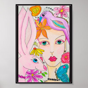 Een dame, een konijn en een vogel poster