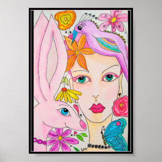 Een dame, een konijn en een vogel poster