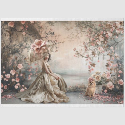 Een dame & een Pommerse portret & Floral Art Tissuepapier (Voorkant)