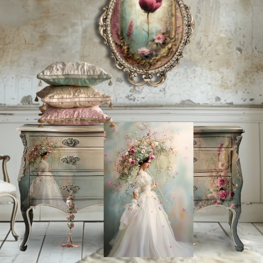 Een dame en een parasol, grillig bloemig portret tissuepapier